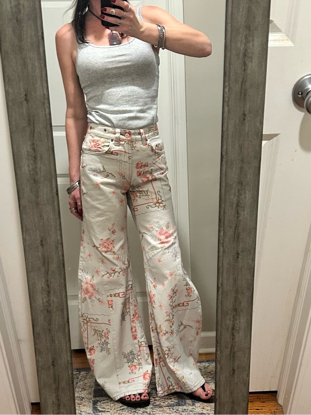 NWT Free People We the Free Eden Printed Slouchy Jeans Ivory Combo Cross Stitch - Picture 1 of 16